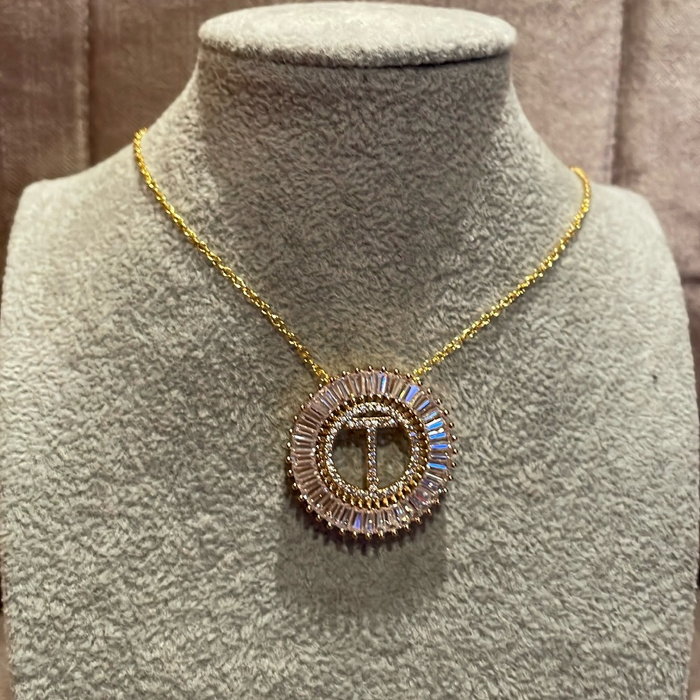 Initial T Baguette Pendant Necklace Gold Plated 18” Chain